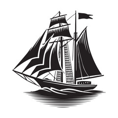 Sailing Silhouette Vector Illustration, Solid White Background.