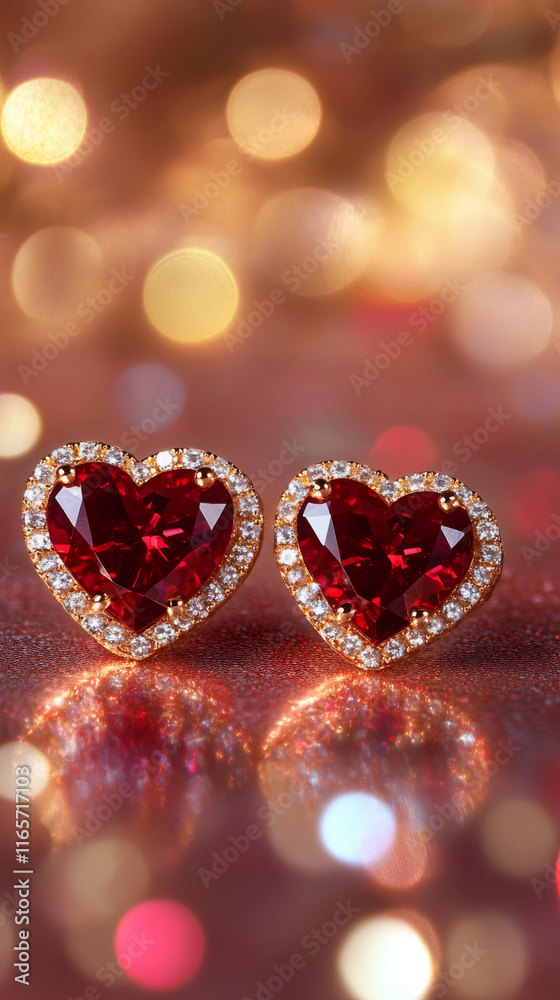 Aufkleber Two heart-shaped ruby earrings reflecting on a shiny surface with bokeh effect, perfect for Valentine's Day gift