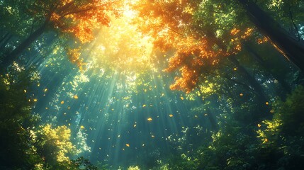 Sunbeams Illuminate Autumn Forest Leaves Falling Down
