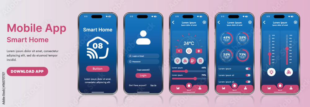 Poster a sleek smart home application interface template featuring modern icons and a gradient design. incl