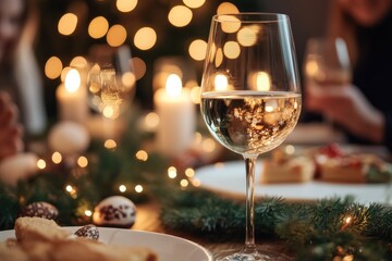 Elegant Holiday Dinner with Wine Glasses and Candlelit Ambiance