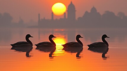 Naklejka premium A serene sunset scene with ducks silhouetted on calm water.