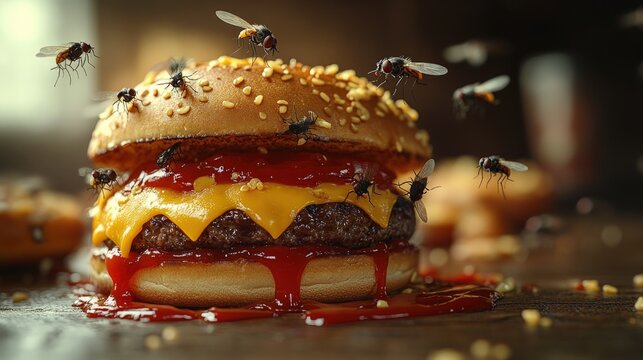 Cheeseburger infested with flies, messy.