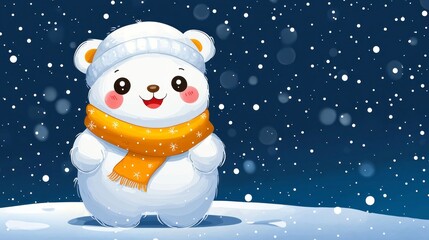 A cute cartoon polar bear wearing a hat and scarf stands in the snow, surrounded by falling snowflakes.