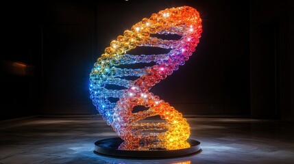 DNA double helix model suspended in space with dramatic side lighting and dark background