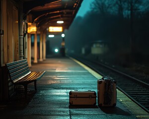 Empty train station platform at night with luggage and bench waiting for travelers