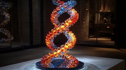 DNA double helix model suspended in space with dramatic side lighting and dark background