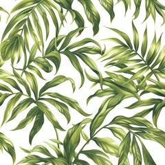 Obraz premium Lush Green Tropical Palm Leaves Seamless Pattern, Botanical Design on White Background