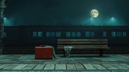 Empty train station platform illuminated by moonlight with a forgotten suitcase and a quiet bench