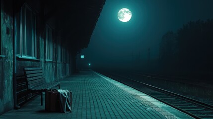 Empty train station platform illuminated by a full moon at night