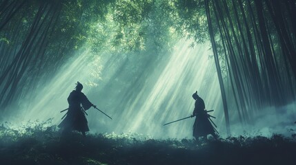 Swordsmen face off in a misty bamboo forest under dappled sunlight in a dramatic showdown