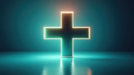 Fototapeta premium Glowing green plus sign floating in a serene dark background, creating a captivating visual contrast