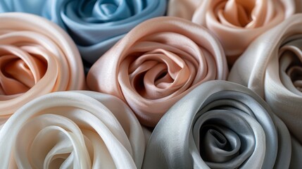 A close-up of elegant satin roses in soft pastel colors, showcasing beauty and craftsmanship.