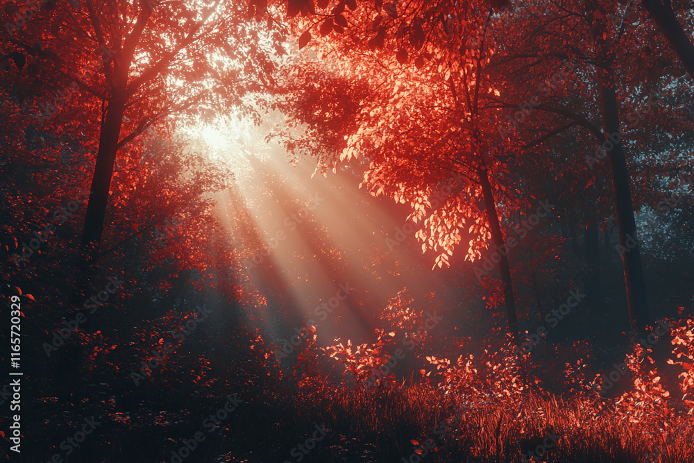 Poster enchanting forest bathed in red autumn sunlight with rays illuminating serene nature. autumn backgro