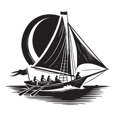 Sailing Silhouette Vector Illustration, Solid White Background.