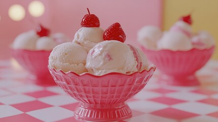 Vibrant Ice Cream Delight with Cherries in Retro-Style Pink Bowls on Checkered Surface