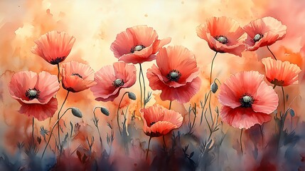 A Watercolor Painting Of Poppies In A Field
