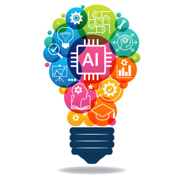Light bulb circuit with AI chip icon. Idea and innovation by AI. Artificial intelligence and Machine learning technology concept.