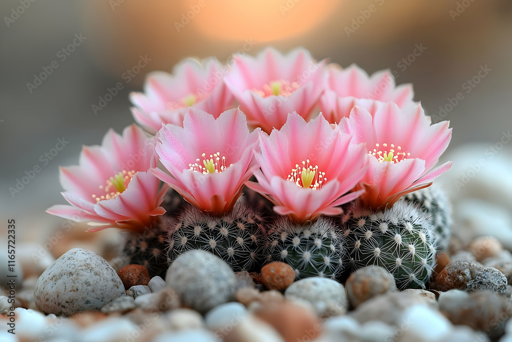 Canvas Prints Blooming pink cactus flowers nestled amongst small stones.