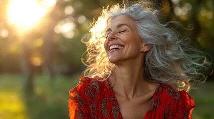 Joyful older woman with silver hair smiling in a sunny outdoor park during late afternoon