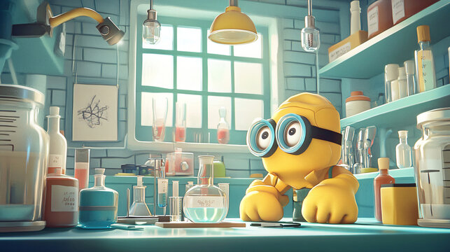 A whimsical cartoon featuring anthropomorphic lab gloves and goggles going on an adventure in a laboratory setting.