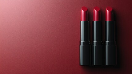 Three red lipsticks on a maroon background.