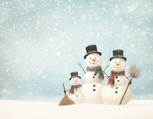 Cheerful snowman family in a snowy winter landscape with falling snowflakes