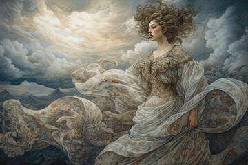 An image of a woman in a luxurious dress standing against a dramatic sky with powerful clouds.  