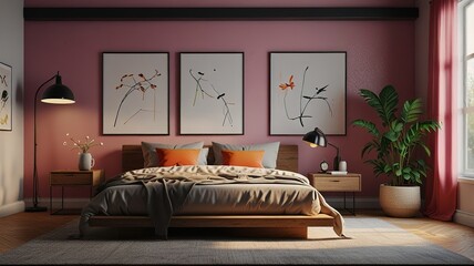 Modern living room interior with sofa, wooden floor, decor on the large wall and landscape in window. Home nordic interior. 3D rendering model