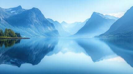 Serene mountains reflected in calm lake.