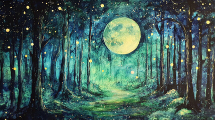 Obraz premium Moonlit forest with glowing fireflies and large full moon illuminating scene