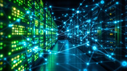 Obraz premium Abstract Technology Background of Data Center with Interconnected Servers, Blue and Green Glowing Network