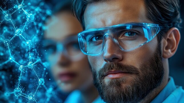 Scientist viewing sample through microscope with digital display screen visible