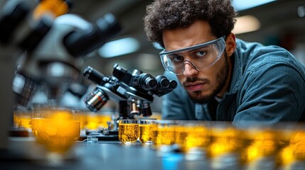 Scientist viewing sample through microscope with digital display screen visible