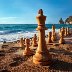  A grand chess king highlighted on a golden beach with scenic ocean views, symbolizing leadership and strategy.