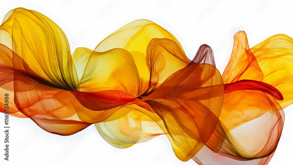 Wall mural colorful translucent fabric waves creating dynamic patterns in warm hues of orange and yellow