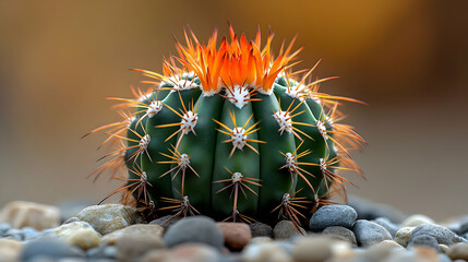Close-up of a vibrant green spherical cactus with bright orange spines, nestled amongst grey and beige pebbles.