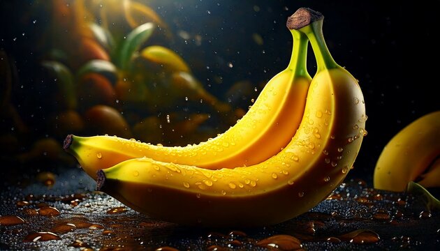 A detailed depiction of ripe bananas, highlighting their bright yellow hue and the intricate details of their peel.