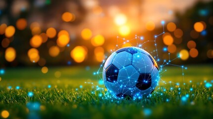 Fototapeta premium Dynamic Soccer Ball on Field with Digital Analysis Graphics, Showcasing Sports Data Analytics