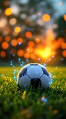 Fototapeta premium Dynamic Soccer Ball on Field with Digital Analysis Graphics, Showcasing Sports Data Analytics