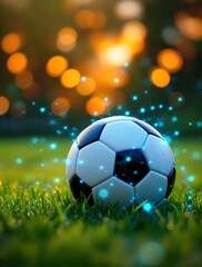 Fototapeta premium Dynamic Soccer Ball on Field with Digital Analysis Graphics, Showcasing Sports Data Analytics