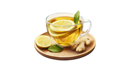 An icon of ginger tea with lemon and green leaves in a glass cup on a wooden plate, cut out