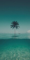 Fototapeta premium Underwater split shot reveals a solitary palm tree standing on a tranquil seascape at sunset
