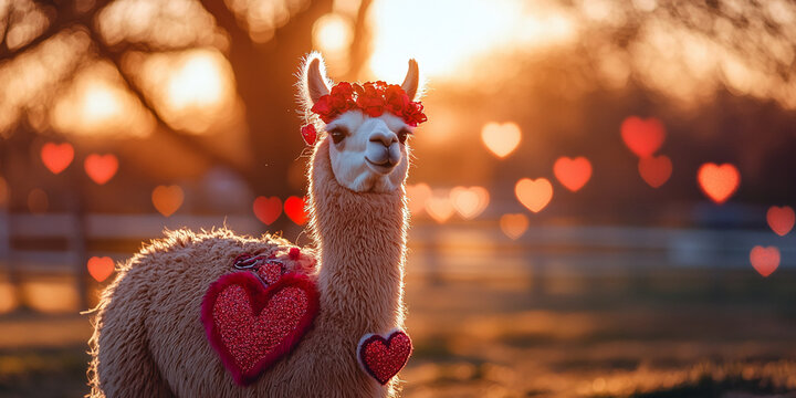 Charming alpaca with heart decorations at sunset for Valentine's Day celebration