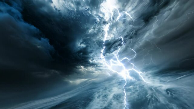 A dramatic stormy sky with dark, swirling clouds and flashes of lightning, capturing the intensity of a thunderstorm