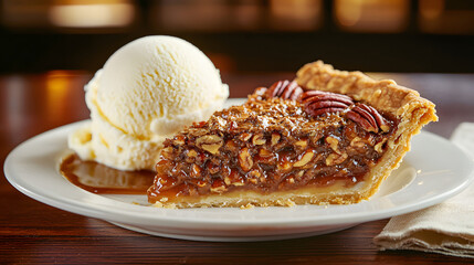 Classic Slice of Texas Pecan Pie with Ice Cream on a Plate