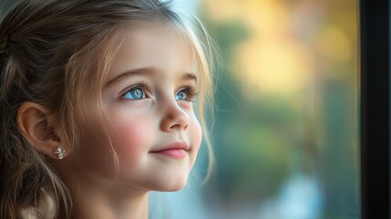 Obraz premium Young child gazes thoughtfully out the window during a warm afternoon