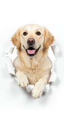 Friendly Golden Retriever Peeking Through Torn Paper - Playful and Cheerful Dog Illustration