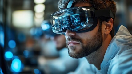 Scientists conducting experiment with virtual reality visualization