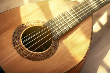 Obraz premium Sunlight glistening on a wooden musical instrument